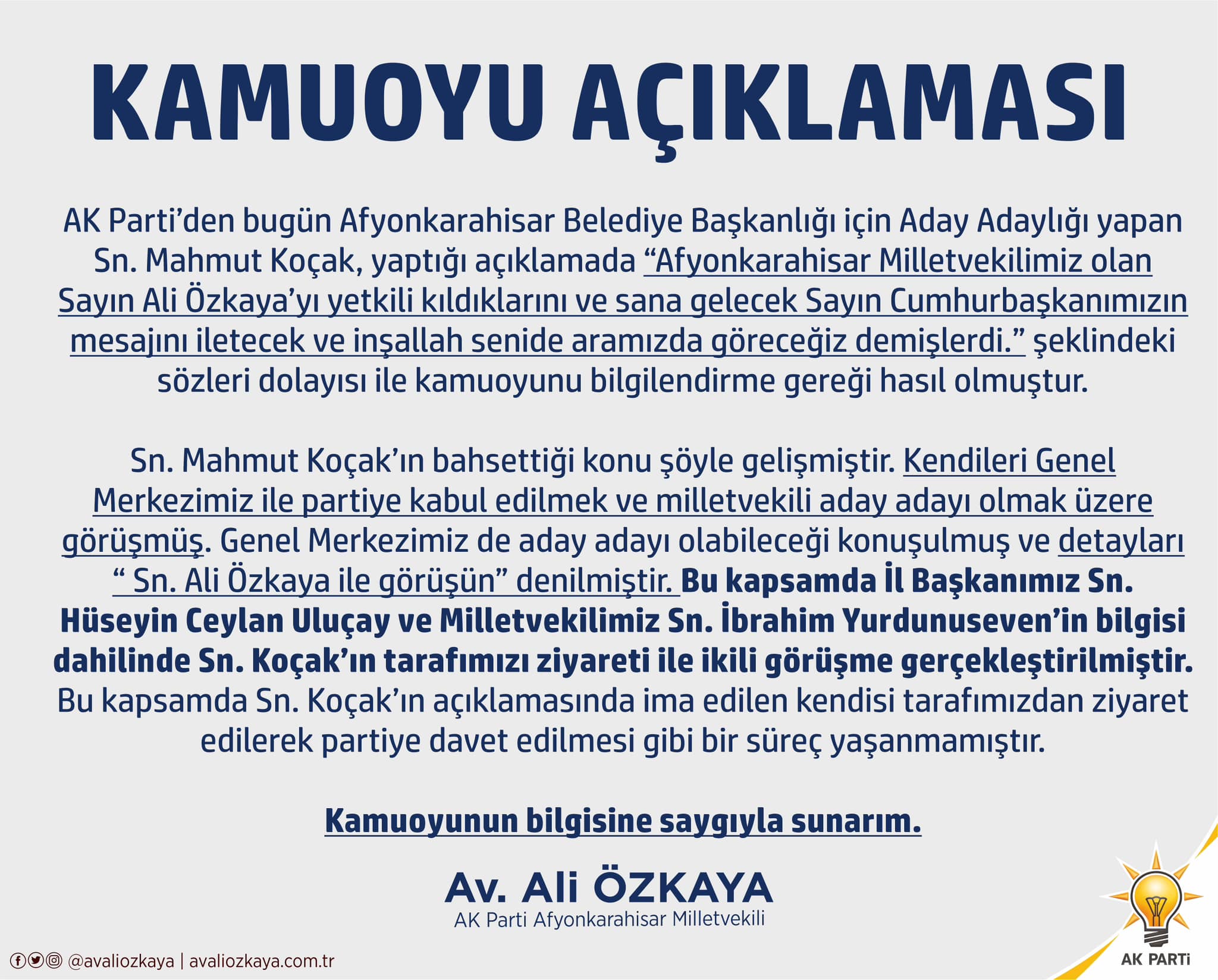 AK Parti Afyonkarahisar'da gündem oluşan Mahmut Koçak'ın ifadeleri üzerinde bir açıklama yaparak kamuoyunu bilgilendirdi.