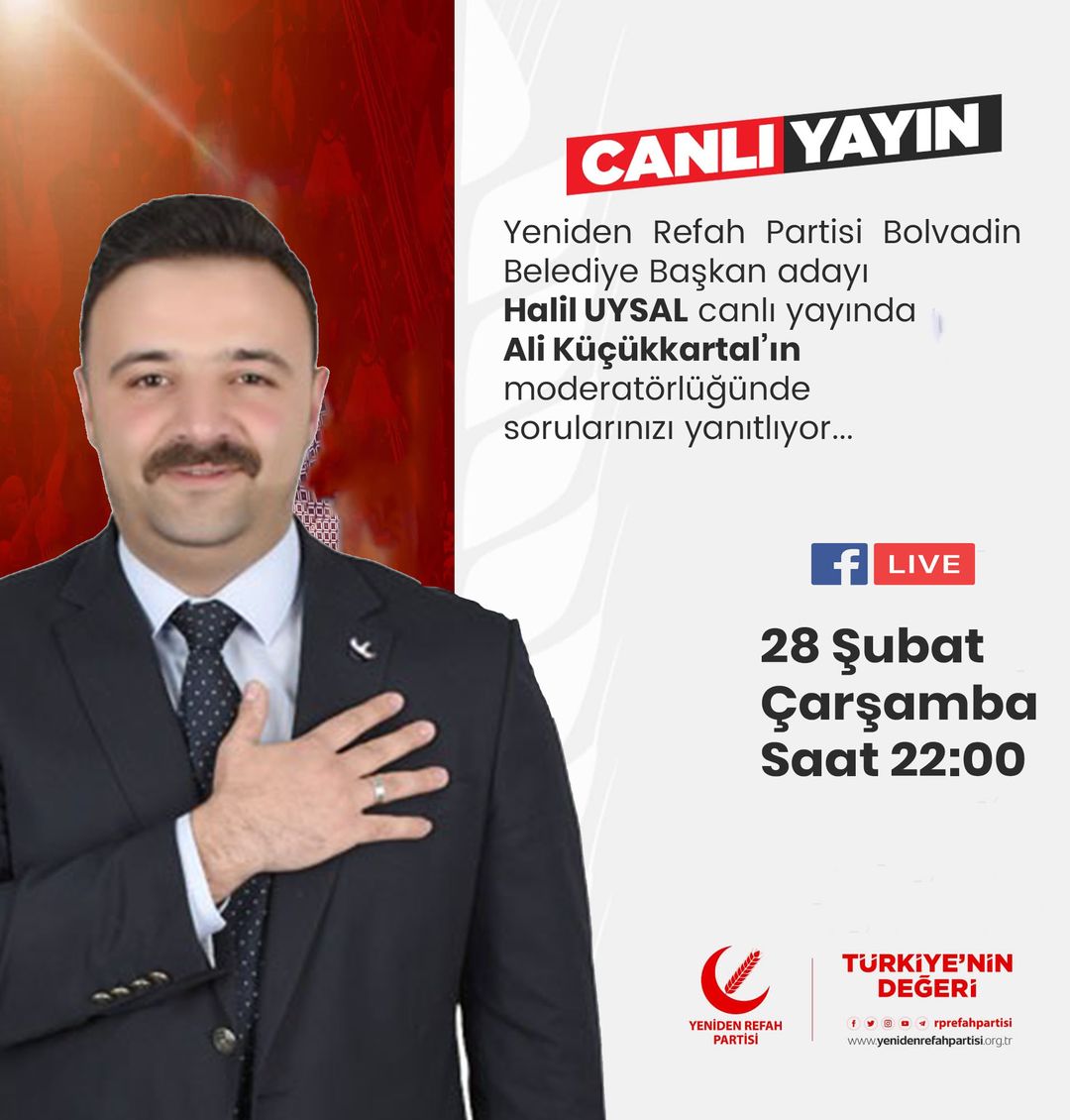 Bolvadin'de Yeniden Refah Partisi'nden belediye başkan adayı Halil Uysal'ın televizyon programına katılımı heyecanla bekleniyor