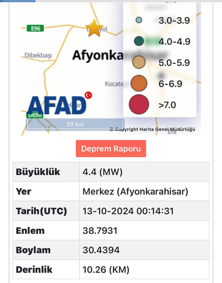 3.4 Büyüklüğündeki Deprem Afyonkarahisar'da